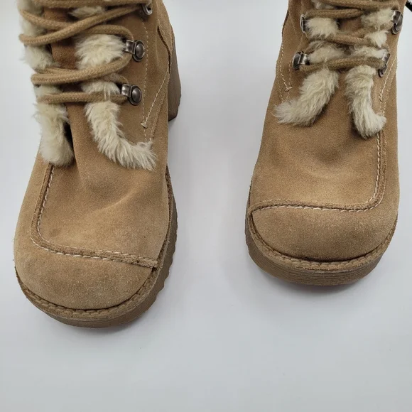 Y2K Report Icon Womens Lace-UpTan Suede Boots Faux Fur Size 8 - Picture 3 of 15